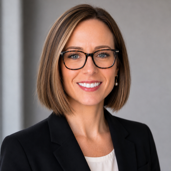 Smiling woman with short, blonde hair wearing glasses and a white top with a black blazer, against a grey background. Smiling woman with short, blonde hair wearing glasses and a white top with a black blazer, against a grey background.