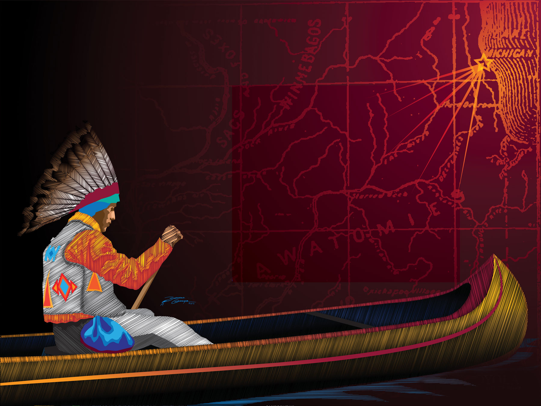 Expressive artwork of a Native American paddling a canoe by artist Buffalo Gouge