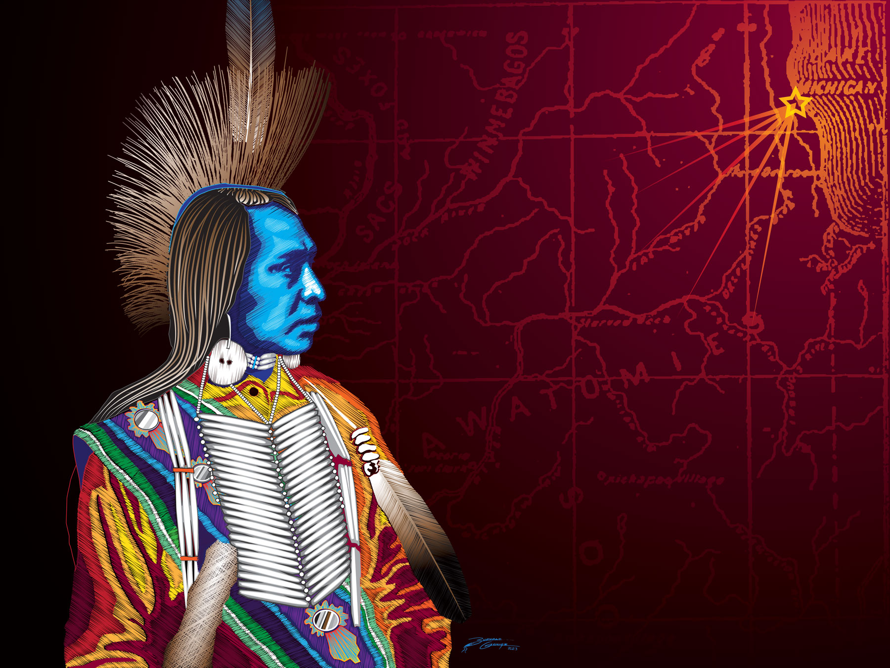 Expressive artwork of a Native American, side profile, by artist Buffalo Gouge