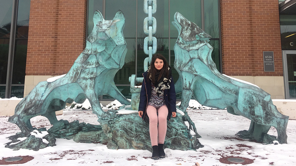A student seated by the teal wolf statues on Loyola's campus A student seated by the teal wolf statues on Loyola's campus