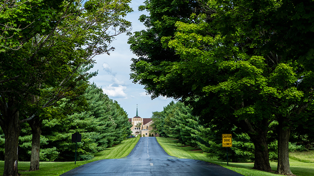 driveway leading through green fields and trees to the LUREC building driveway leading through green fields and trees to the LUREC building