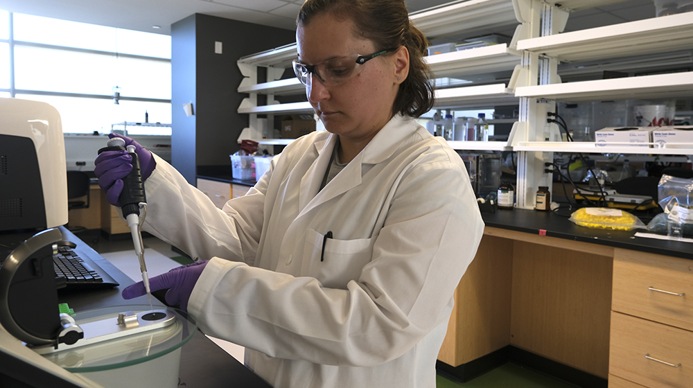 staff member working in the SES lab with lab glasses and gloves staff member working in the SES lab with lab glasses and gloves