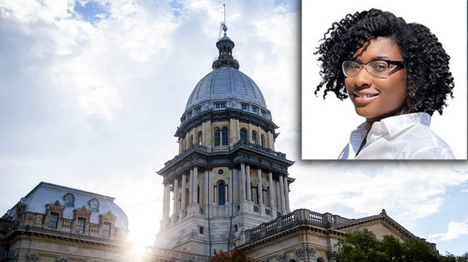 Illinois state capitol building with an inset headshot of Loyola's Center for Science and Math Education Coach Kayla Cherry.