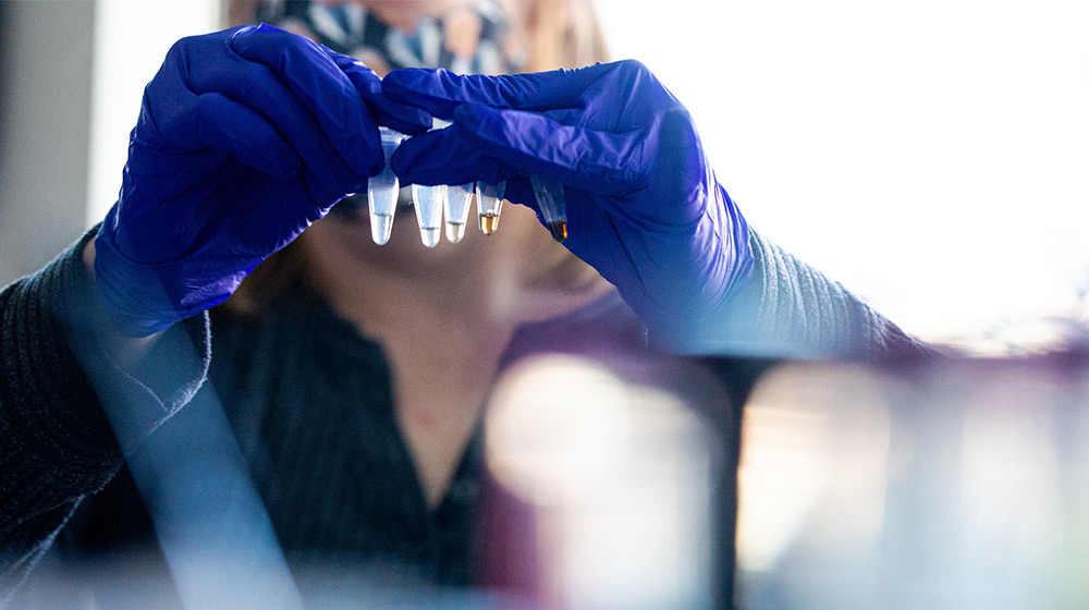 A scientist wearing blue gloves holds multiple test tubes obstructing their face with a blurred background that resembles a lab