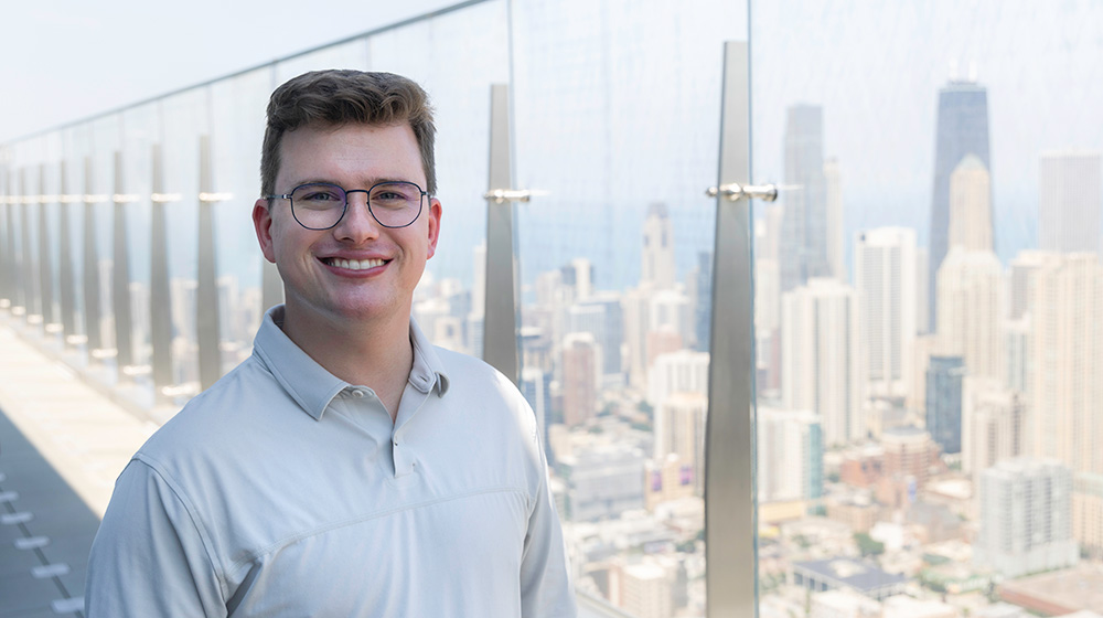 John Duffy stands on the roof of the Salesforce building overlooking the Chicago skyline John Duffy stands on the roof of the Salesforce building overlooking the Chicago skyline