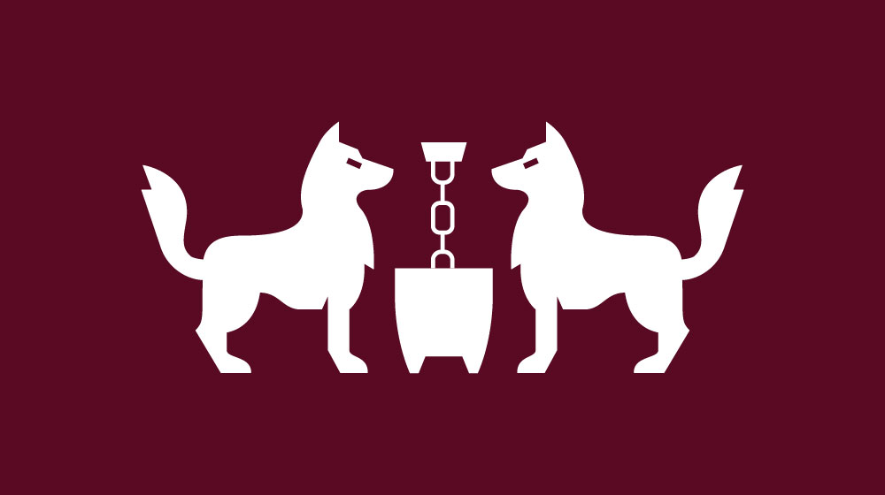 An icon representing the story of St. Ignatius's family. Two white wolves on a gold background face one another standing on each side of a kettle.