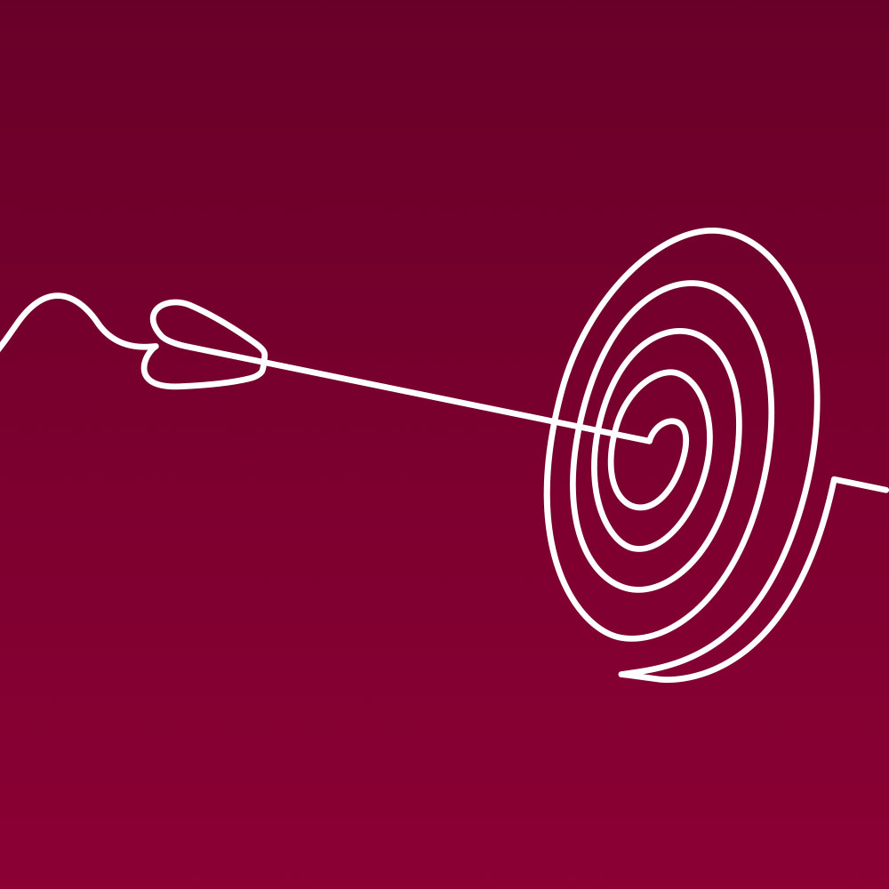White line illustration of an arrow hitting a target, against a maroon background, to represent Loyola University Chicago's brand advertising efforts.