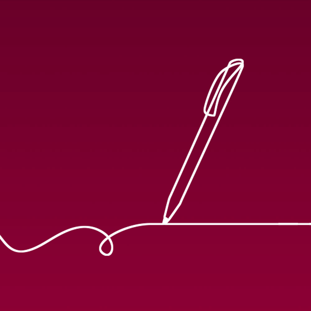 White line illustration of a pen on paper, against a maroon background, to represent Loyola University Chicago's content development work.