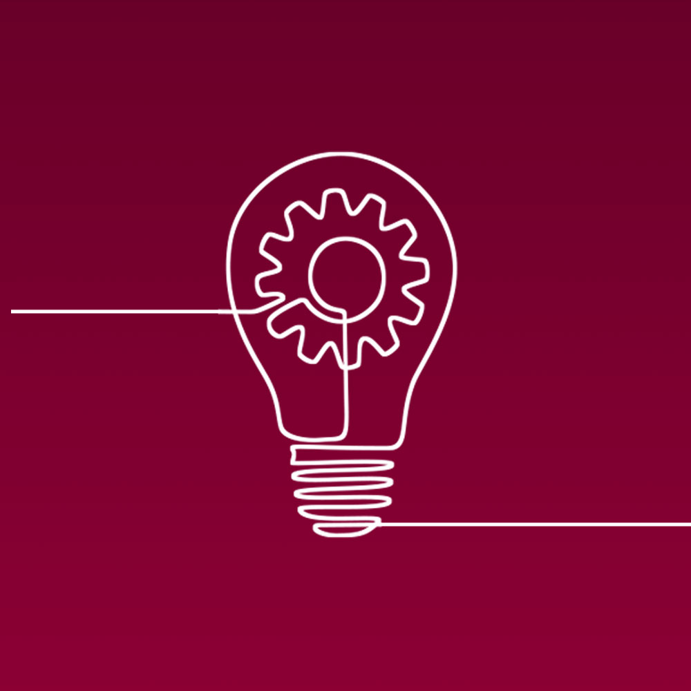 White line illustration of a lightbulb, against a maroon background, to represent Loyola University Chicago's creative design work.