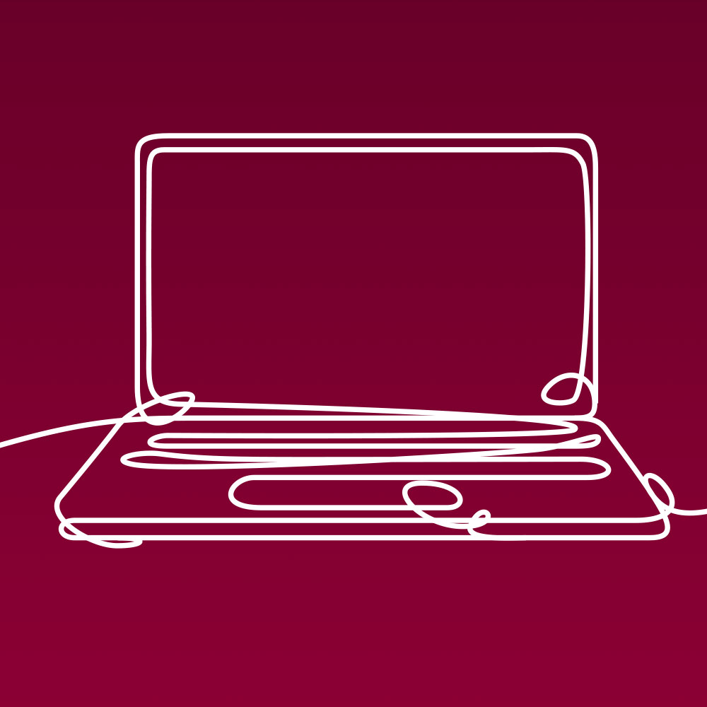 White line illustration of a laptop, against a maroon background, to represent Loyola University Chicago's digital and web work.