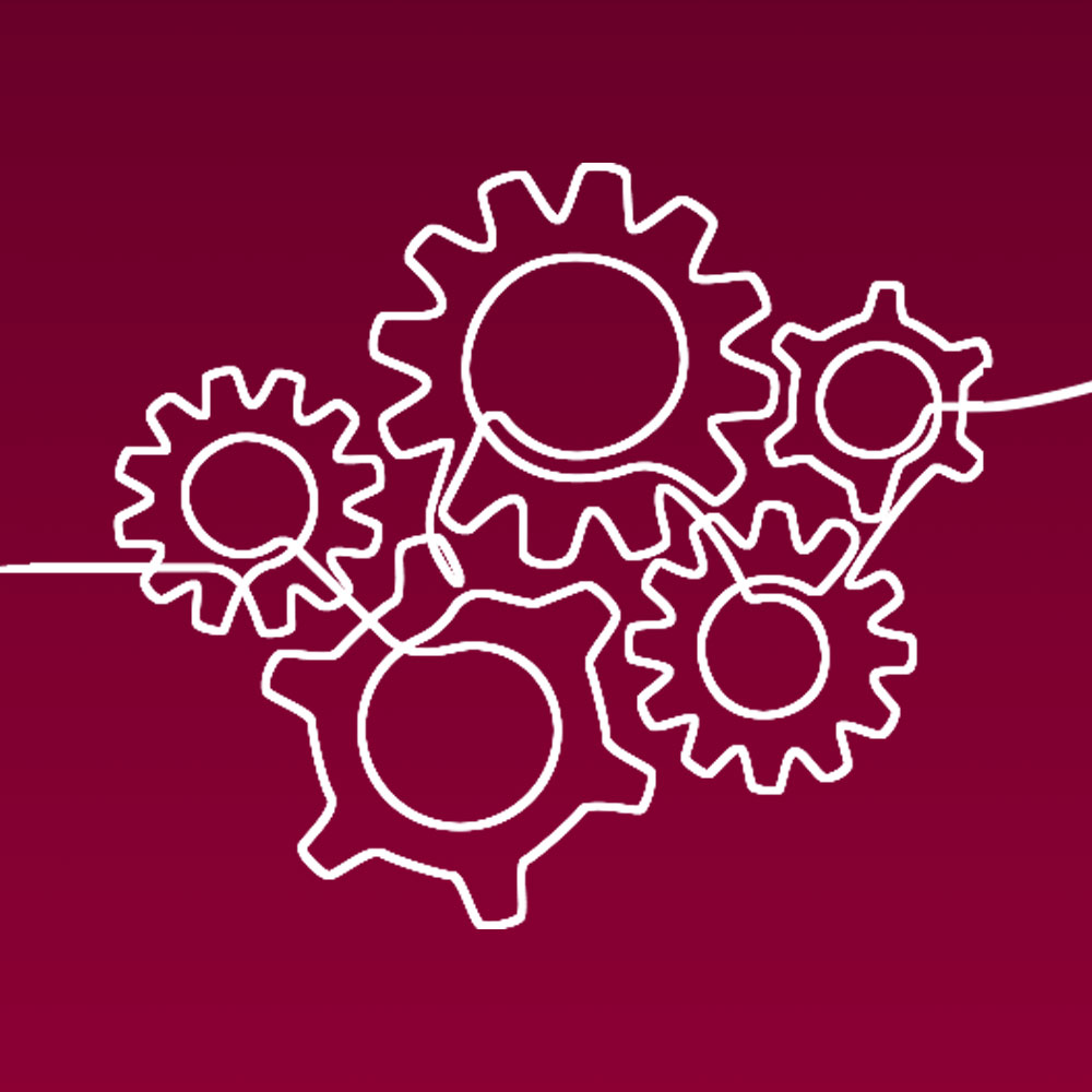 White line illustration of gears turning, against a maroon background, to represent Loyola University Chicago's school-based marcom team.