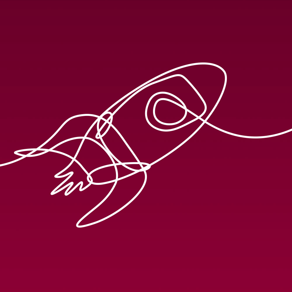 White line illustration of a rocket ship launching, against a maroon background, to represent Loyola University Chicago's brand strategy work.