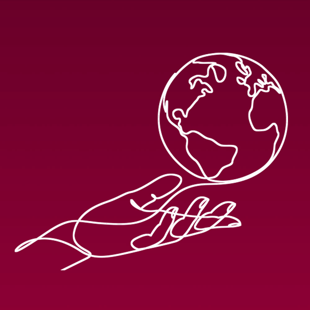 White line illustration of a hand holding a globe, against a maroon background, to represent Loyola University Chicago's media and public relations.