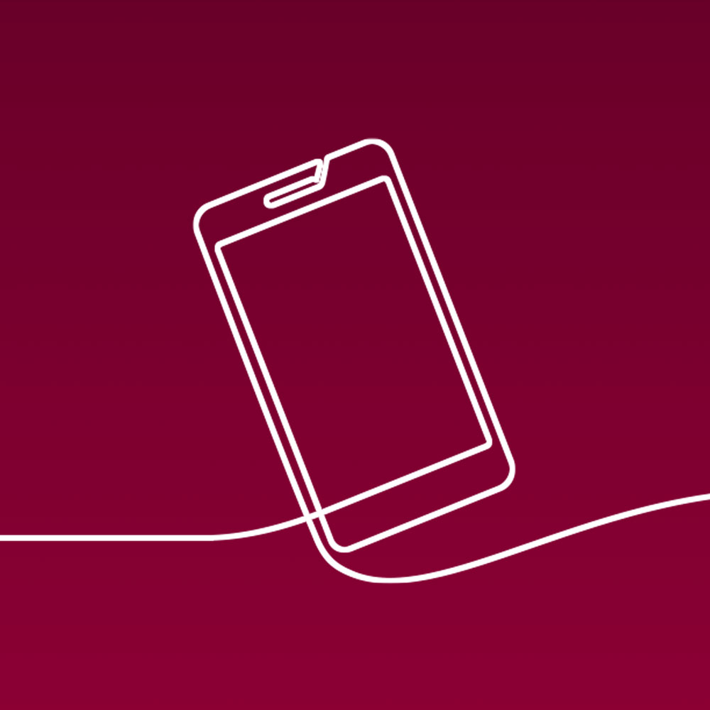 White line illustration of a mobile phone, against a maroon background, to represent Loyola University Chicago's social media work.