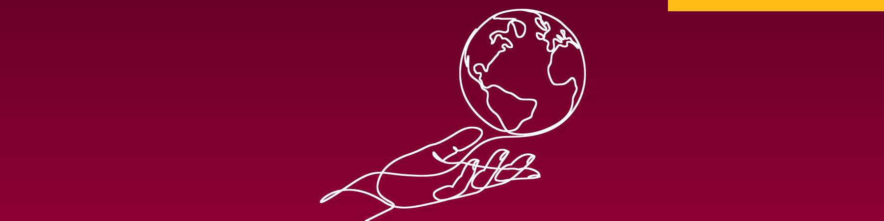 White line illustration of a hand holding a globe, against a maroon background, to demonstrate Loyola University Chicago's media and public relations efforts.
