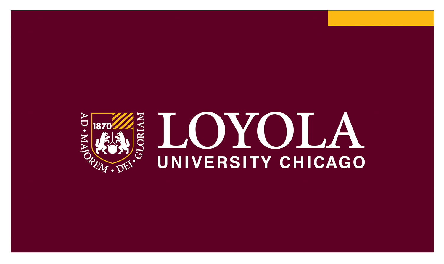 An example of the back of a Loyola University Chicago business card. It's a fully maroon background with the Loyola University Chicago logo in the center
