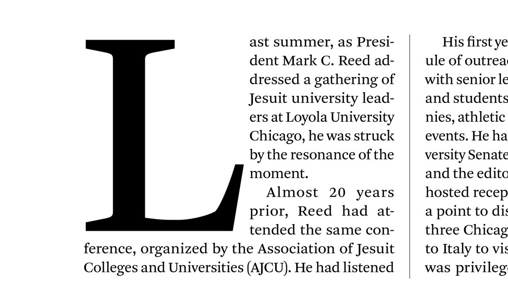 Large letter L and newspaper column text to represent Loyola University Chicago editorial creative standards.