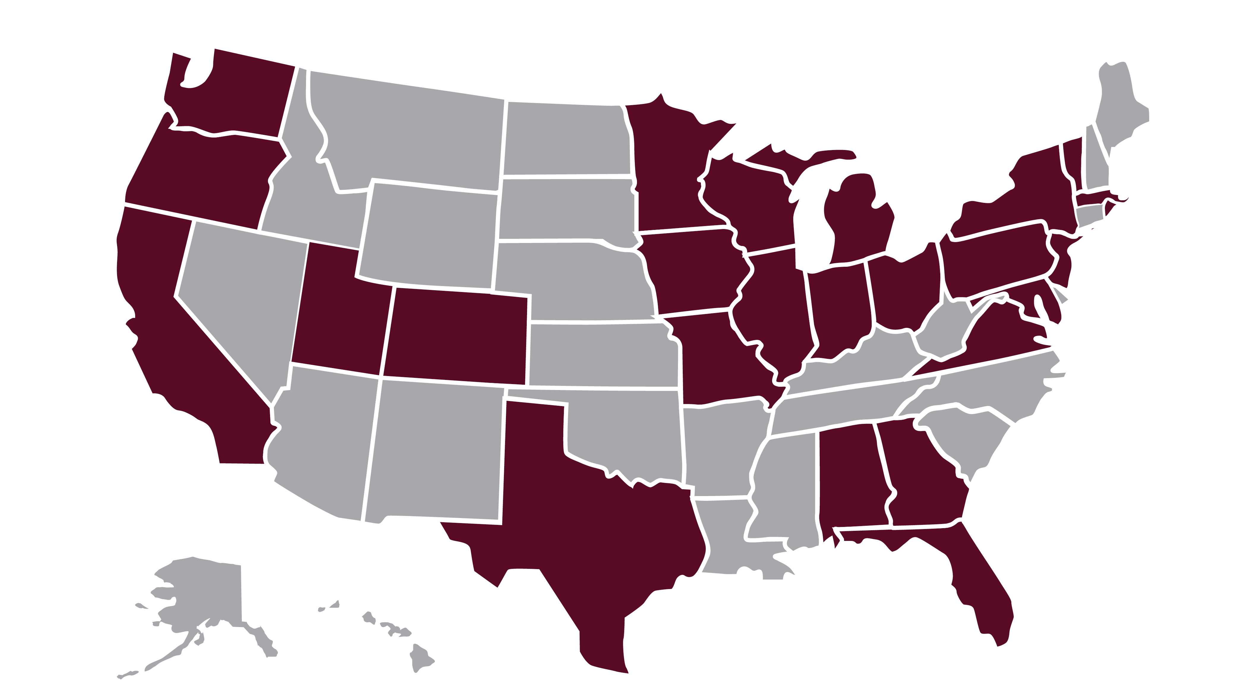 Illustrated map of the United States, using a mix of Loyola Chicago brand colors of gray and maroon, to represent map creative standards.