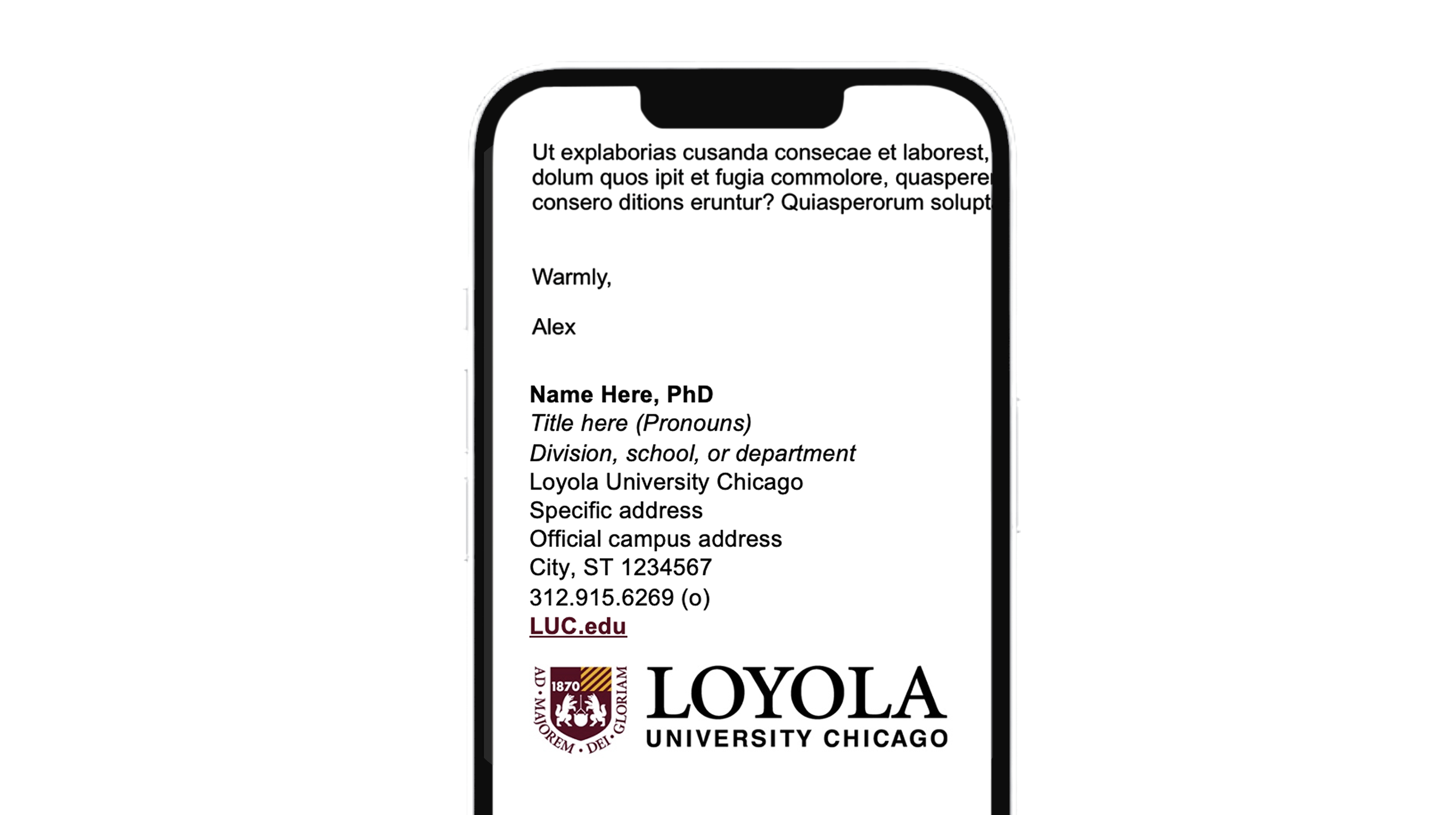 Graphic representation of a Loyola University Chicago email signature on a mobile phone, using placeholder copy.